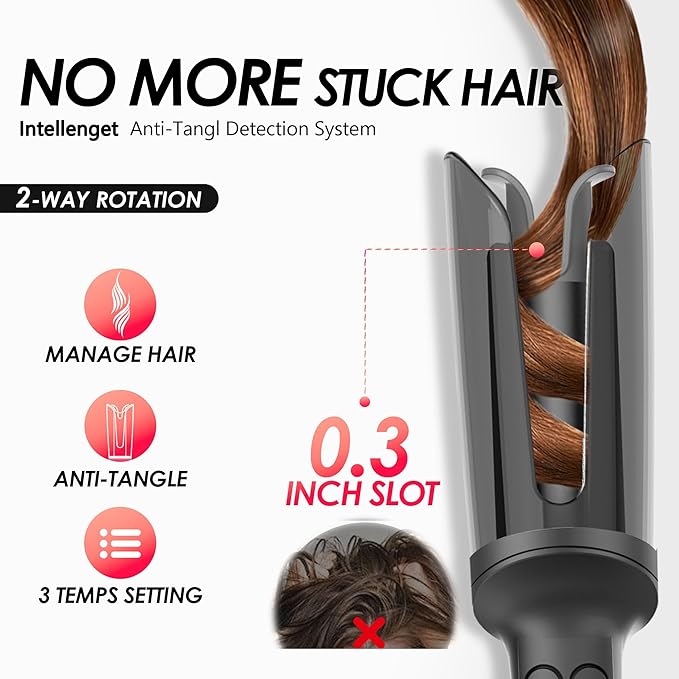 Automatic Rotating Curling Iron, Hair Curler with 3 Temps Fast Heating, 2-Way Rotating 1 Inch Curling Wand, Ceramic Coating, Ionic, Anti-Scald, Anti-Tangle, Dual Voltage Auto Shut-Off (Gray)