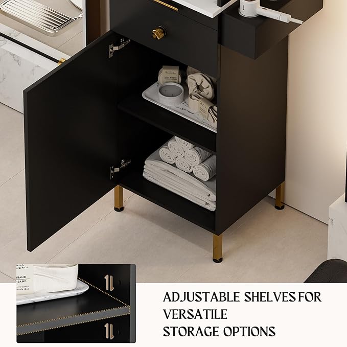 Paddie Barber Station Hair Salon Station, Salon Stations for Hair Stylist, Beauty Salon Spa Equipment w/Glass Shelf, 2 Storage Cabinet & Drawers, 6 Hair Dryer Holders for Hair Styling（Black）