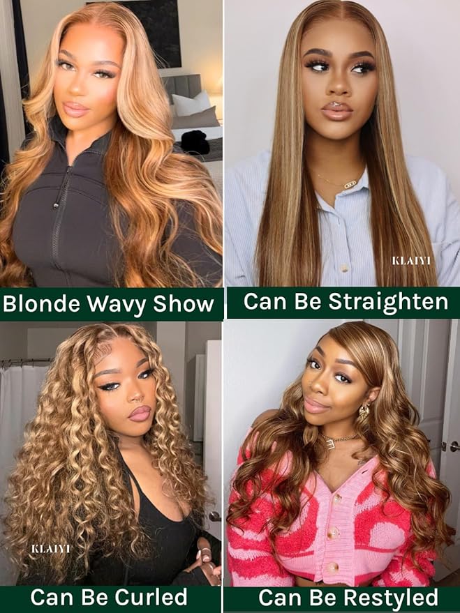 KLAIYI Bye Bye Knots Glueless Wig Highlight Blonde Body Wave Pre Cut 7x5 HD Lace Front Wigs Human Hair Pre Plucked Pre Bleached Pre Everything Wear and Go Wig 12A Ombre Brown 30S Ready To Wear 14Inch
