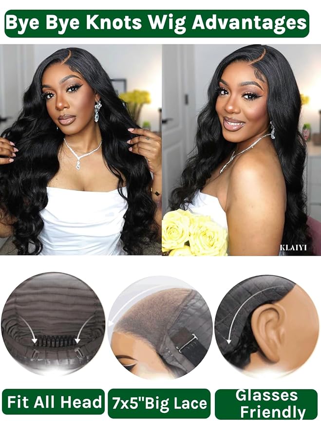 KLAIYI Body Wave Bye Bye Knots Glueless Wig 7x5 Pre Cut Lace Front Wigs Human Hair Wear and Go Wigs for Beginners Pre Bleached Pre Plucked Pre Everything 3S Easy to Ready to Wear Loose Wave Wig 20Inch