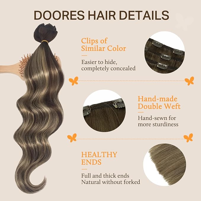 DOORES Clip in Hair Extensions, Real Human Hair, 5pcs 80g Balayage Chocolate Brown to Honey Blonde, 18 Inch Natural Straight Hair