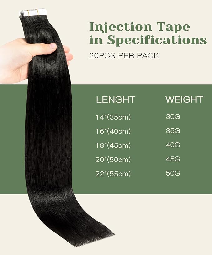 SURNEL Injected Seamless Tape in Hair Extensions 20 Inch Natural Black Invisible Tape in Extensions Human Hair 20Pcs 45g(#1B,20)