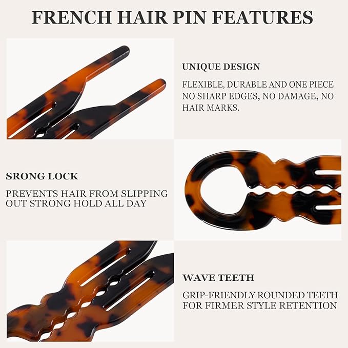 Sunolga 3pcs Prestige French Hair Pins for Women, 4.38" Large, Serrated Anti-Slip Design, Curved Shape for Better Head Fit, Coquette Elegant Hair Accessories for Updos, Chignon, Bun Hairstyles
