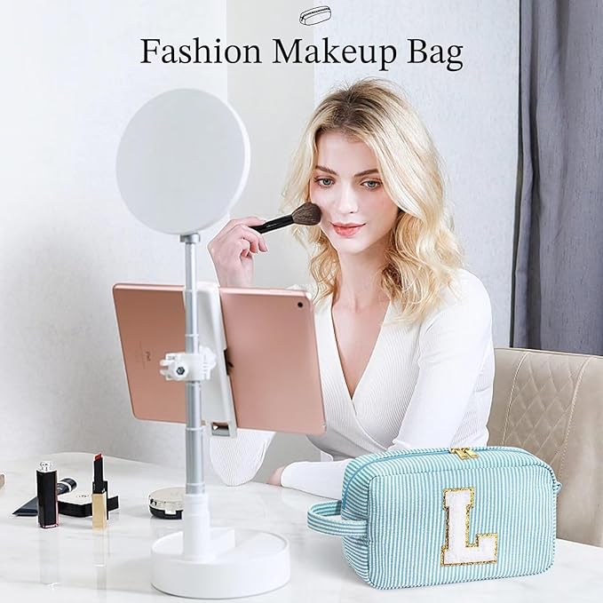 YOOLIFE Makeup Bag - Initial Monogram Cosmetic Bag, Personalized Blue Makeup Pouch Case for Women