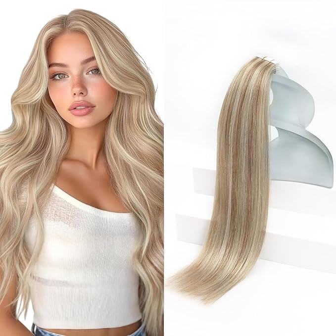 Sunny Hair Blonde Tape in Hair Extensions Human Hair Ash Blonde Highlight Bleach Blonde Hair Extensions Tape in 24 Inch Remy Tape in Txtensions for Women Wedding 20Pcs 50g