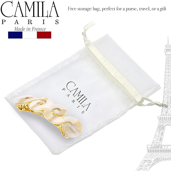 Camila Paris CP3169 French Hair Barrette Clip for Girls, Handmade, White, Gold Metal Clasp Strong Hold Grip Hair Clips for Women, No Slip and Durable Styling Girls Hair Accessories, Made in France
