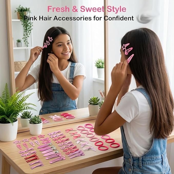 Pink Hair Clips Set for Women Styling 50pcs Bulk Barrettes Snap Hair Clips Ties Duck Bill Clip Metal Alligator No Crease Clip Bows Y2K Cute Bangs Hairclips Accessories (Pink)