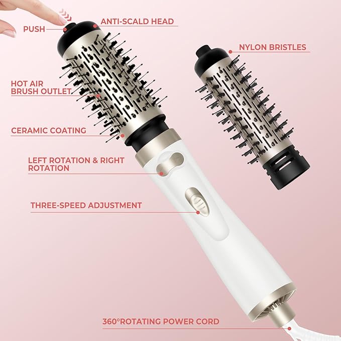 Hair Dryer Brush, 3-in-1 Rotating Round Hot Air Spin Brush Set with 2 Brushes (2" & 1.5"), Negative Ionic Blow Volumizer, 2 Detachable Auto-Rotating Curling Brush 100-120V