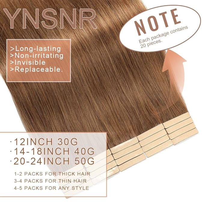 Tape in Hair Extensions Human Hair Tawny Brown Hair Extensions 18 Inch 20pcs Remy Straight Human Hair Tape in Extensions Skin Weft Tape Extensions Human Hair