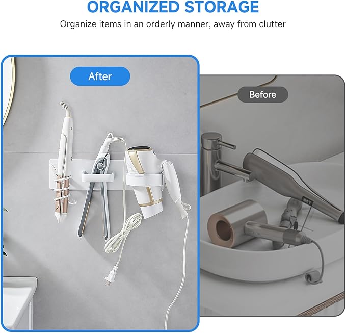 Hair Dryer Holder Wall Mounted,Blow Dryer, Curling Iron, Straightener Holder 3 in 1 Bathroom Metal Hair Tool Organizer Rack-Matte White-1