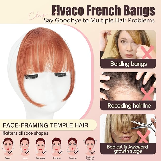 Clip in Bangs, Synthetic Wispy Bangs Hair Clip, Copper Red Fake Bangs Fringe with Temples Hairpieces for Women Natural Curved Hair Extensions for Daily Wear