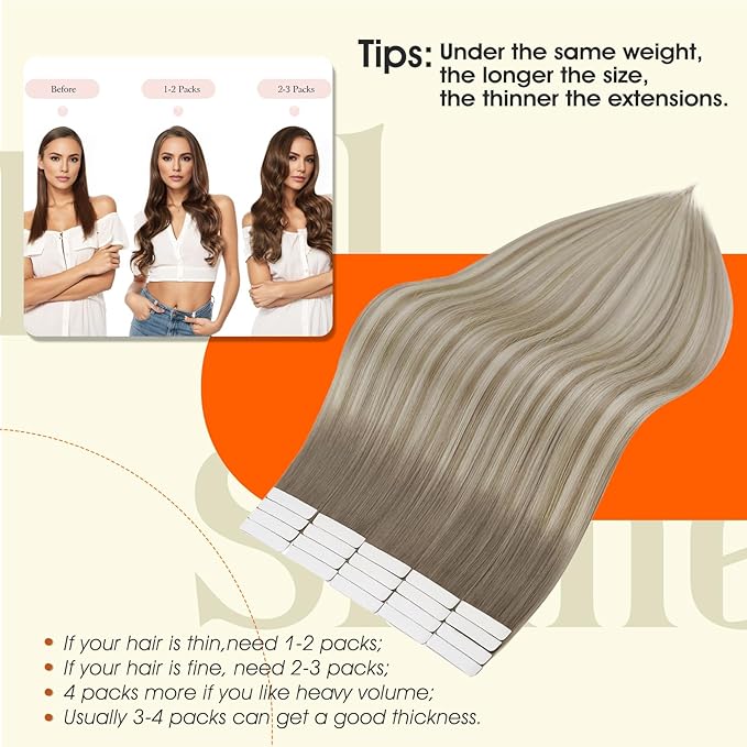 Full Shine Blonde Tape in Hair Extensions Human Hair 14Inch Double Sided Tape in Extension Color 19/8/60 Grey Ombre Ash Brown And Blonde Human Hair Straight Hair Extension Tape ins for Women 50G 20Pcs