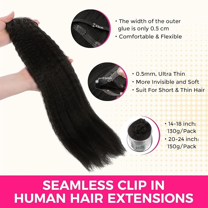 Lashey Seamless Clip in Hair Extensions Human Hair 150g 9pcs Kinky Straight Natural Black 24 Inch Long Clip in Hair Extensions Real Human Hair with PU Soft Invisi Edge