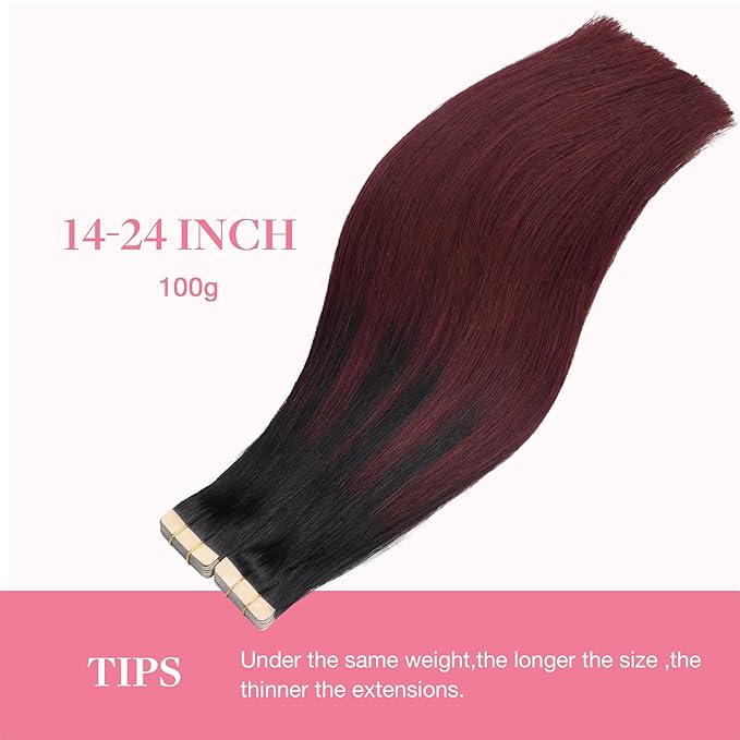 GOO GOO Tape in Hair Extensions Human Hair, 1/99 Balayage Jet Black to Red, 12inch 80g 40pcs, Skin Weft Seamless Invisible, Silky Straight with Thick Ends, Remy Human Hair