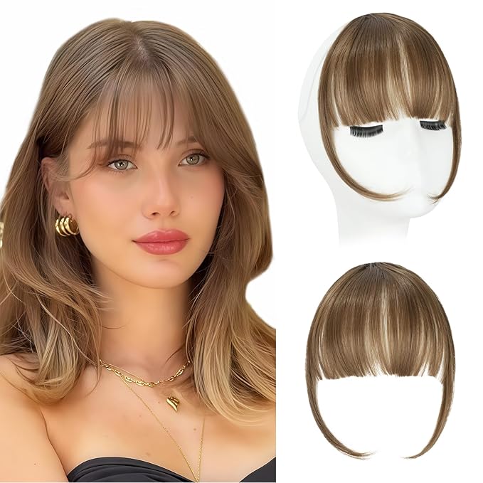 Clip in Bangs, Synthetic Wispy Bangs Hair Clip, Light Chestnut Brown Fake Bangs Fringe with Temples Hairpieces for Women Natural Curved Hair Extensions for Daily Wear