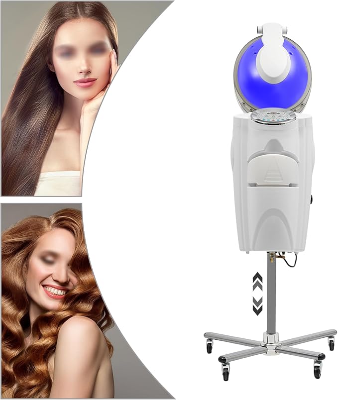 Hair Steamer Professional Hair Salon Steamer with 12 Color Light & Ozone，Adjustable Height Hair Steamer with Wheels (White)