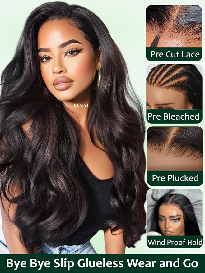 KLAIYI Bye Bye Slip™ Loose Body Wave Wig Layer Side Part 200% Density 7X5 Pre Cut Lace Front Wigs Human Hair Drawstring Glueless 30S Ready to Wear and Go Beginner Wig Pre Plucked Bleached Knots 18Inch