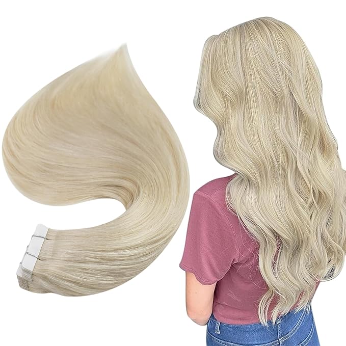 Full Shine Tape in Hair Extensions 24 Inch Tape in Color 60 Blonde Double Sided Hair Extensions Seamless Real Human Hair 20 Pcs 50 Gram Straight Add Length for Women Natural