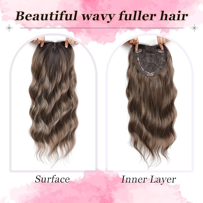 Hair Topper, 360° 3D Hair Toppers for Women with Thinning Crown, 20 Inch Long Wavy Curly Hair Pieces Clip in Bangs (Highlights Light Brown Mix Blonde with Brown Root, 20 inch, Side Bangs)