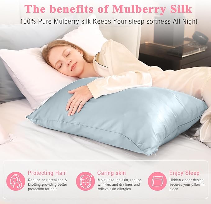 100% Pure Silk Pillowcase 2 Pack for Hair and Skin, Both Sides 23 Momme Grade 6A+ Mulberry Silk Pillowcases with Hidden Zipper, Soft&Smooth Cooling Pillow Cases (Ash Blue, King 20x36)