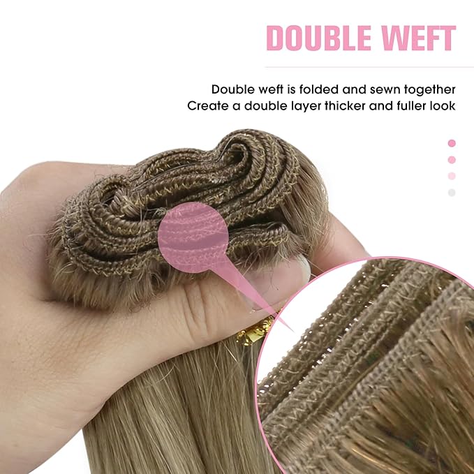 YoungSee Hair Extensions Weft Light Brown Sew in Extensions Hand Tied Weft Hair Extensions Human Hair Light Brown Mix Platinum Blonde Thick Remy Hair for Full Head 18Inch 100g