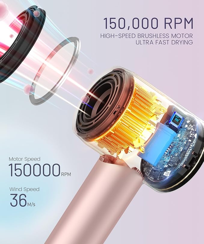 Cosy Companions Hair Dryer - 150000 RPM High-Speed Brushless Motor Negative Ionic Blow Dryer for Fast Drying, Low Noise Thermo-Control Hair Dryer with Diffuser and Nozzle, Gleaming Pink