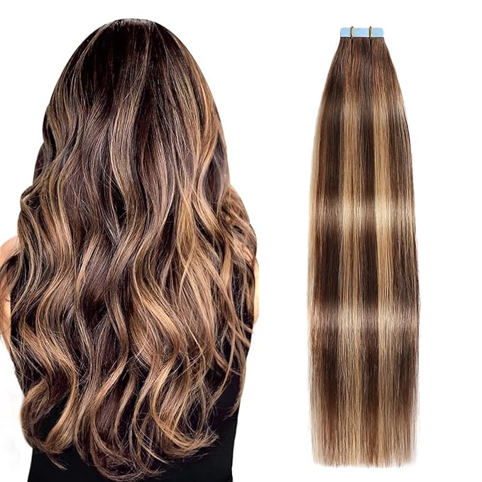 SUYYA Tape in Hair Extensions Human Hair Ombre Chocolate Brown to Caramel Blonde Remy Hair 22 inches 20pcs 50g/pack Straight Seamless Skin Weft Tape in Human Extensions Balayage(22 inch #P4/27/T4)