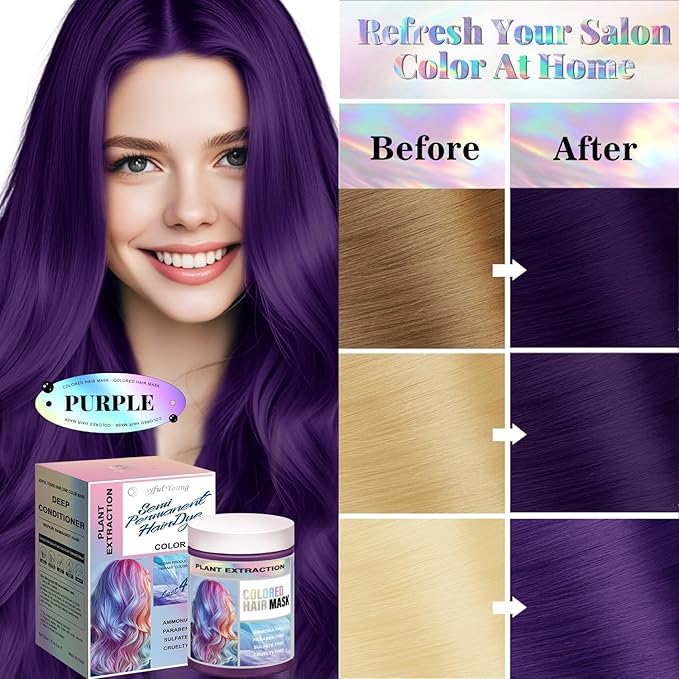 Vegan Semi Permanent Hair Color Mask - 10.15OZ Color Depositing Conditioner for Color-Treated Hair - Ammonia, Paraben, Sulfate & Cruelty-Free - Plant-Based Enhances Tones Hair (PURPLE)