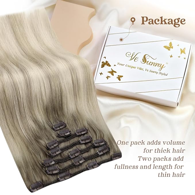 Ve Sunny Clip in Hair Extensions Real Human Hair Double Weft Remy Hair Clip in Extensions Human Hair for Women Full Head Ash Grey Balayage Platinum Blonde 18 inch