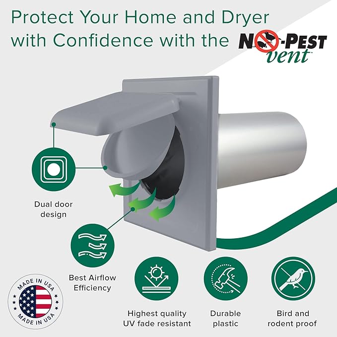 NO-PEST VENT, Exclusive Dual Door Dryer Vent Cover Outdoor 4 inch with Collar, Made in USA w Highest UV Resistant Plastic in any Outdoor Vent Cover (Slate Grey, 4" Plastic WIth Collar)