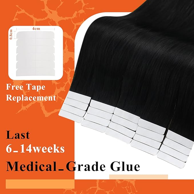 Full Shine Invisible Tape in Hair Extensions Human Hair 12 Inch Color Jet Black Invisible Tape Ins Human Hair Extensions 20Pcs 30Grams Double Sided Tape in Hair Extensions for Wedding
