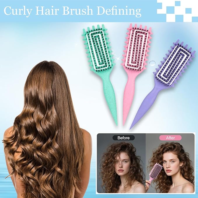 Curly Hair Brush Defining,Curly Brush Defining with Side Gear for Combing, Shaping,and Styling bounce,Lightweight Vented Hair Brush For Wet and Dry Hair（Pink Purple）