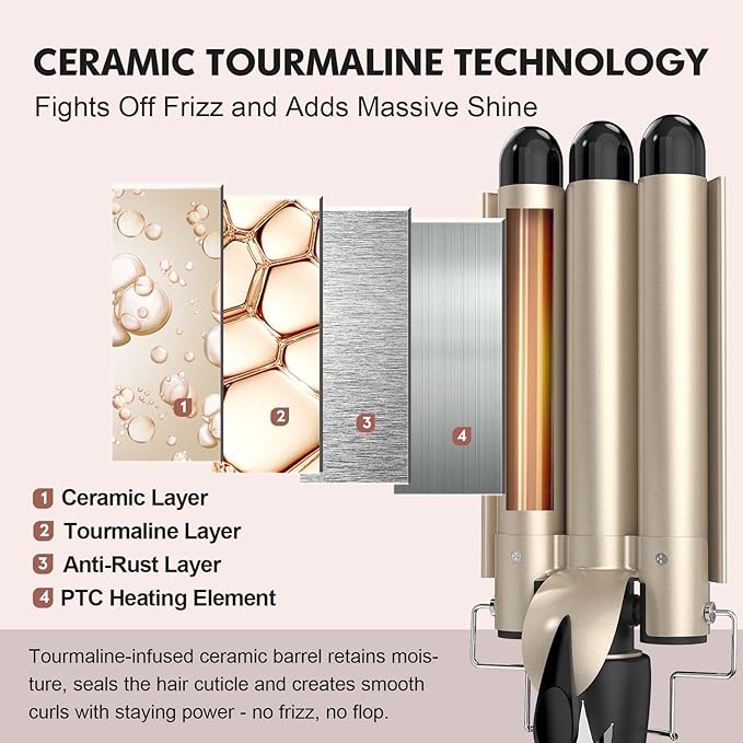Three Barrel Curling Iron 1.1 Inch for Soft Mermaid Waves, AIMERVO Hair Crimper 15 Adjustable Heat Settings with LCD Temperature Display, Tourmaline Ceramic Deep Waver Includes Heat Resistant Glove