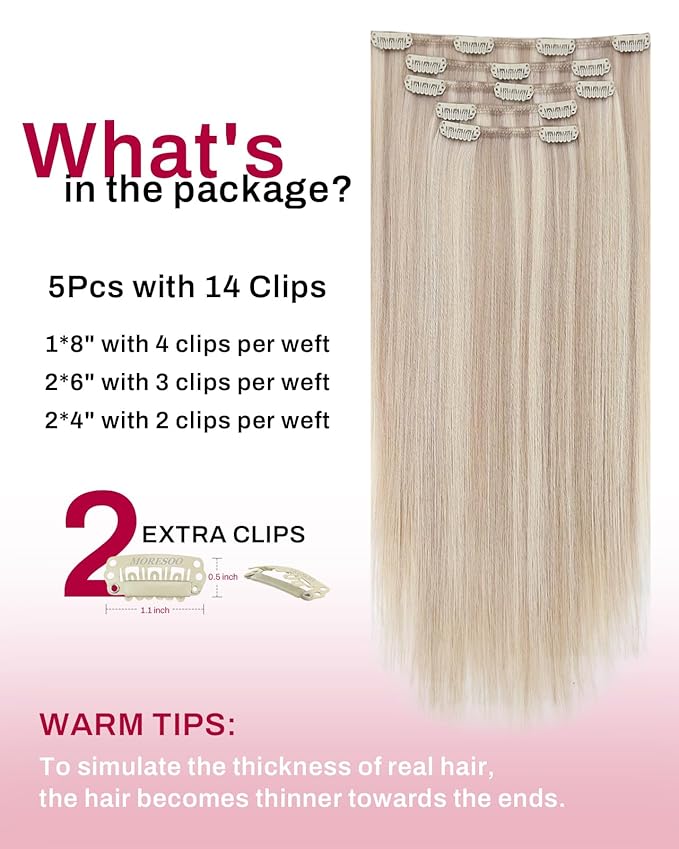 Moresoo Clip in Hair Extensions Real Human Hair Ash Blonde with Bleach Blonde Human Hair Clip in Extensions Straight Double Weft Full Head 5Pcs 80G 20Inch