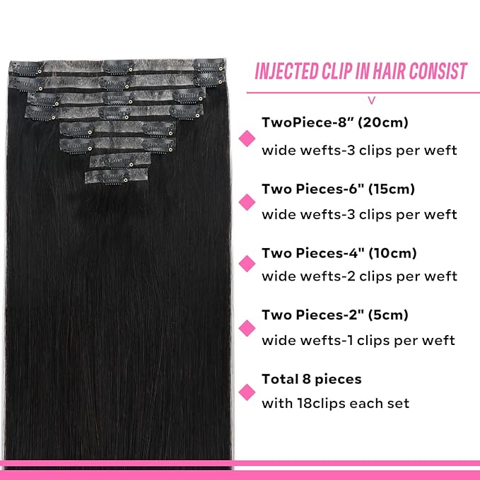 Injected Clip in Hair Extensions Real Human Hair Invisible Hand-Tied Weft Hair Extensions Clip in Human Hair Straight Seamless Clip ins for Women 8Pcs 120g 18inch #1B Natural Black