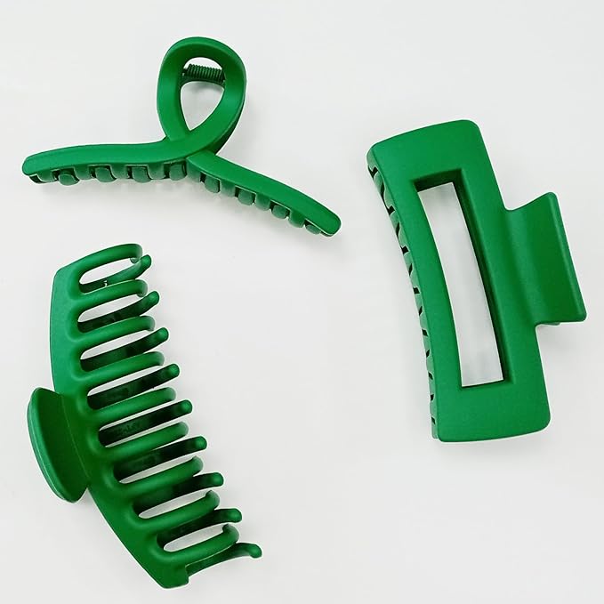 Solid Green Large Hair Claw Clips for Thick/Fine/Thin Hair,Strong holding teeth interlocking Women Jaw Clips for Hair 3 Count In set green hair clips for patrick's day (Green)