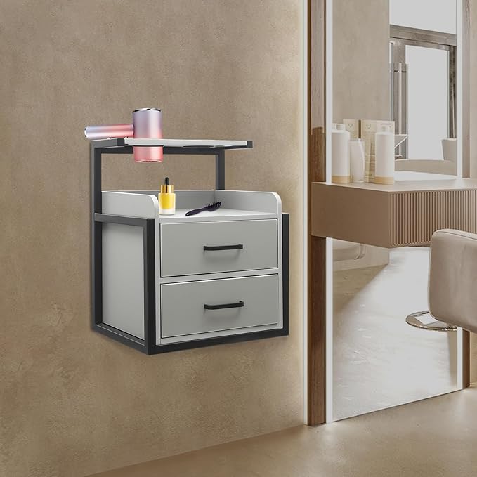 Suspended Salon Station for Hair Stylist, Wall Mounted Styling Salon Station Storage Cabinet w/2*Drawers &Hair Dryer Stand,Floating Nightstand Stylist Storage Cabinet for Home (Black+Gray)