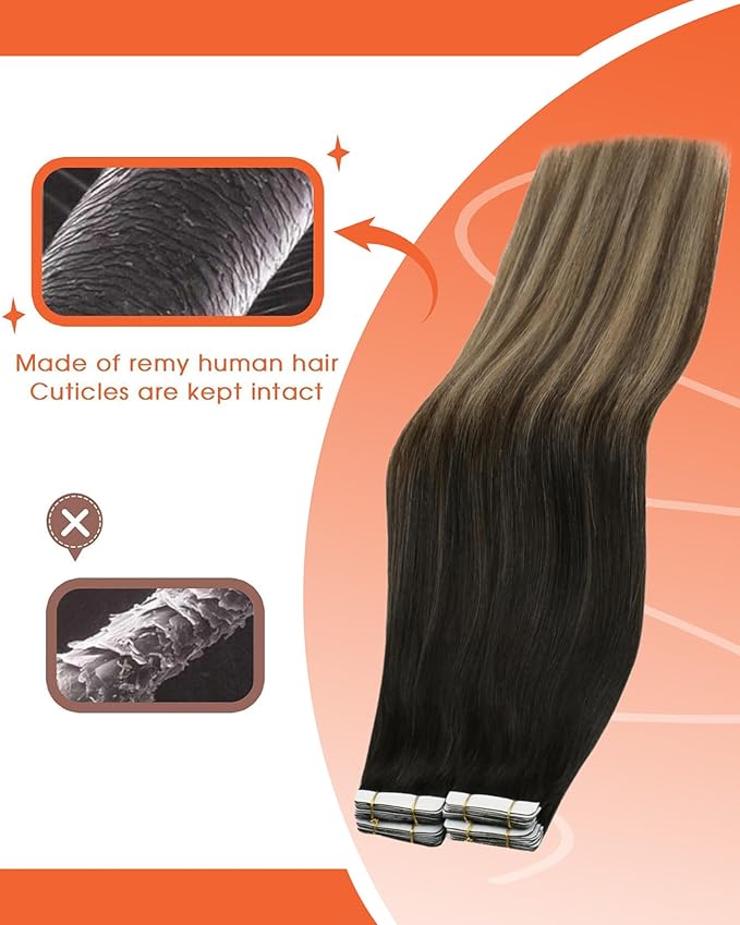 Sunny Hair Tape in Hair Extensions Real Human Hair Invisible Remy Hair Extensions Tape ins for Women Natural Black Ombre Dark Brown Balayage Ash Blonde 12 inch 20G