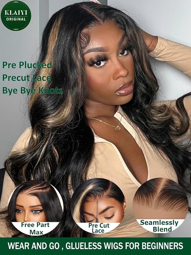 KLAIYI Bye Bye Knots Wear and Go Glueless Wig Highlight Blonde Body Wave 7x5 Pre Cut Lace Front Wig Human Hair Pre Plucked Bleached Ombre Hair with Dark Roots Chocolate Brown 30S Ready to Wear 24Inch