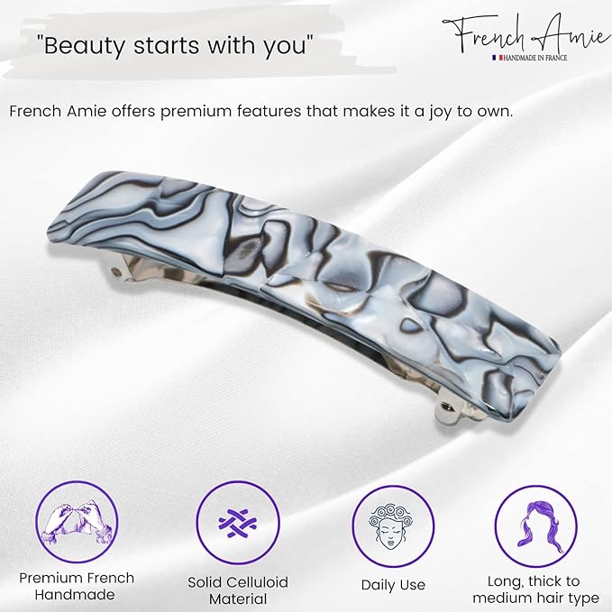 French Amie Oblong Handmade 3.5" Celluloid Automatic Hair Clip Barrette French Hair Clip for Girls Strong Hold Hair Clips for Women No Slip Durable Paris Hair Accessories, Made in France (Grey Magma)