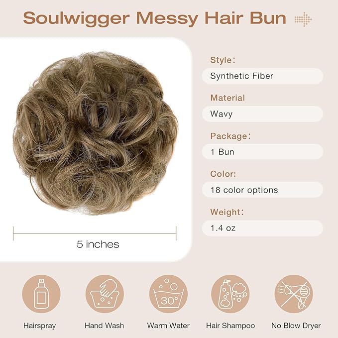 Messy Bun Hair Piece Wavy Curly Scrunchies Fluffy Donut Thick Updo Elegant Chignon Hairpieces for Women Girls, Light Brown & Ash Blonde 1.4oz