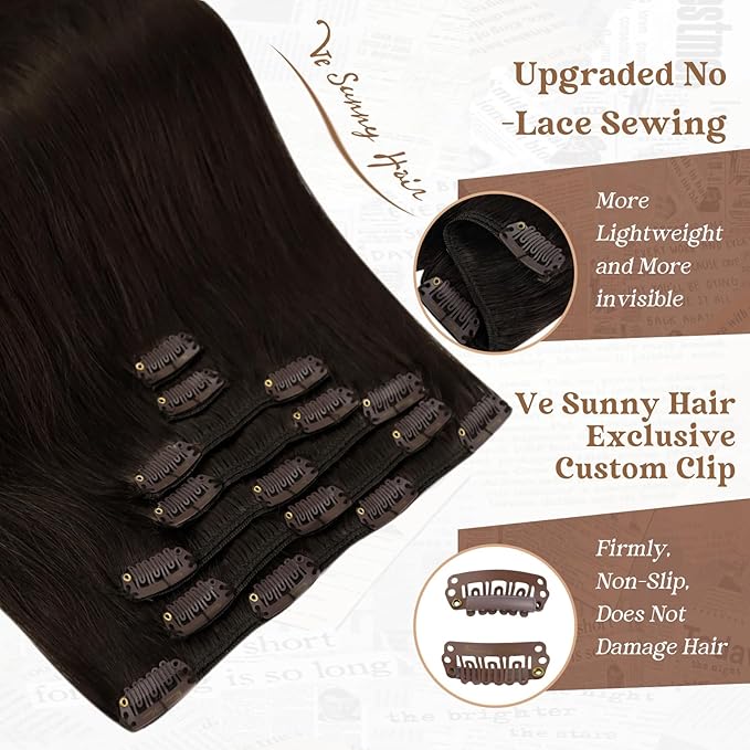 Ve Sunny Clip in Hair Extensions Real Human Hair, Clip in Human Hair Extensions, Hair Clip Extensions for Women Dark Brown Remy Hair Extensions 7pcs 14inch 100g