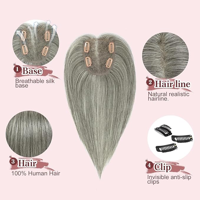 YAMI Hair Toppers for Women 100% Real Human Hair Toppers for Women 12Inch Large Upgrade Swiss Base Cover Hairloss and Add Volume (Mixed Grey)