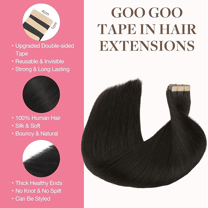GOO GOO Tape in Hair Extensions Human Hair, 1B Natural black, 22inch 30g 10pcs, Skin Weft Seamless Invisible, Silky Straight with Thick Ends, Remy Human Hair