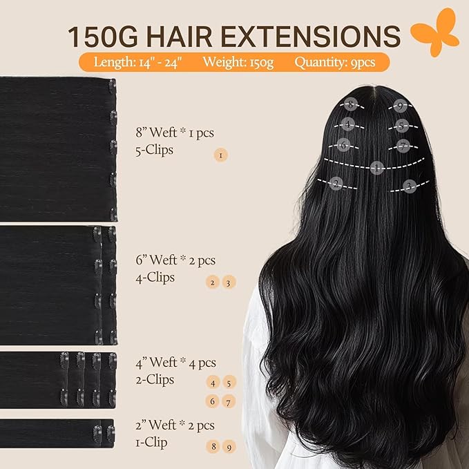 DOORES Clip in Hair Extensions Real Human Hair, Jet Black 150g 9pcs 16 Inch, Remy Hair Extensions Clip in Human Hair Hair Extensions Real Human Hair Straight Thick Extensions Human Hair Natural