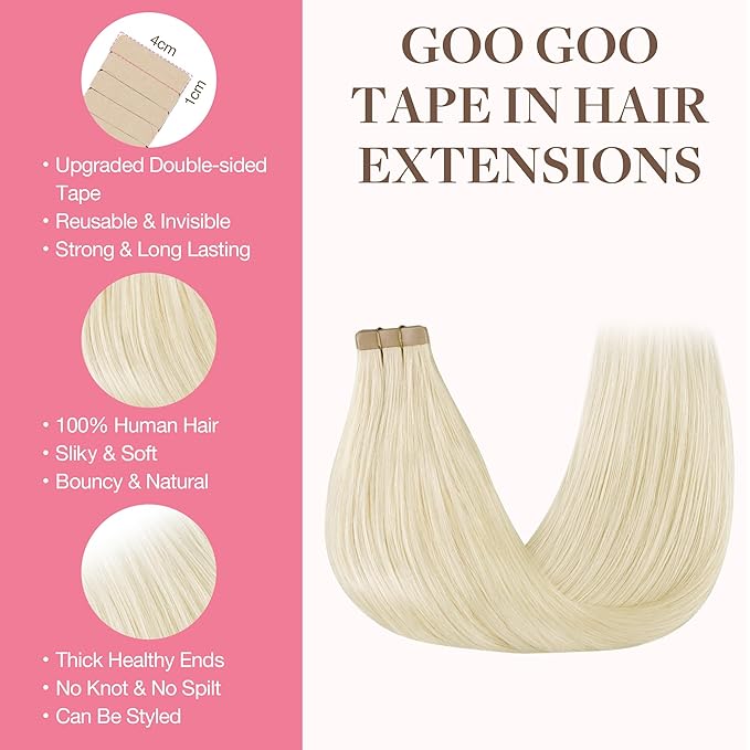 GOO GOO Tape in Hair Extensions Human Hair, 1000 Pure Platinum Blonde, 24inch 50g 20pcs, Skin Weft Seamless Invisible, Silky Straight with Thick Ends, Remy Human Hair