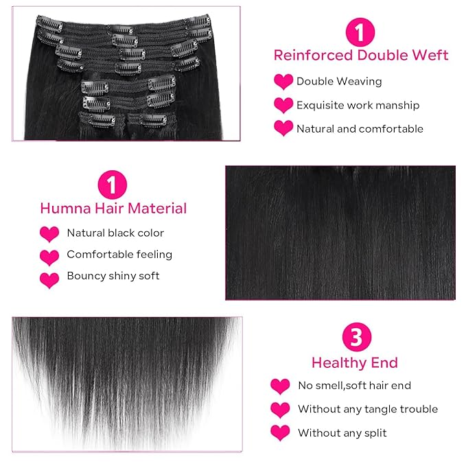 Yaki Straight Clip in Hair Extensions for Black Women Brazilian Human Hair Extensions 8Pcs Remy Hair Extensions Clip in Human Hair with 18Clips Double Lace Weft 120g 14inch Natural Black