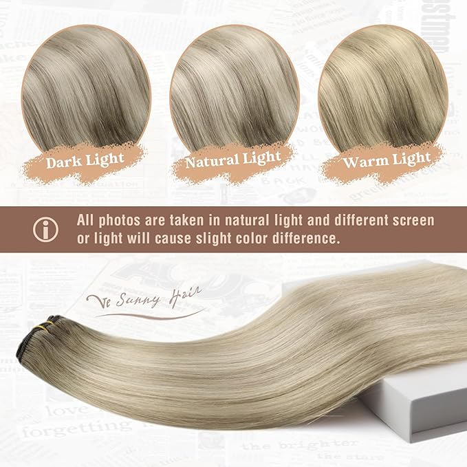 Ve Sunny Clip in Hair Extensions Real Human Hair Double Weft Remy Hair Clip in Extensions Human Hair for Women Full Head Ash Grey Balayage Platinum Blonde 18 inch
