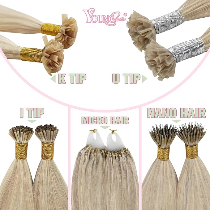 YoungSee K Tip Highlight Hair Extensions Highlight Ash Blonde with Bleach Blonde K Tip Hair Extensions Real Human Hair Highlight 16In 1G/S 50G