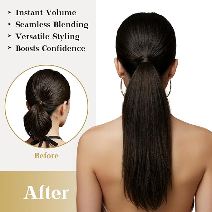 Ve Sunny Hair Extensions Ponytail Real Human Hair 80G Wrap Around Clip in Ponytail Hair Extensions Straight Extensions Human Hair for Women Brunette Dark Brown 14inch